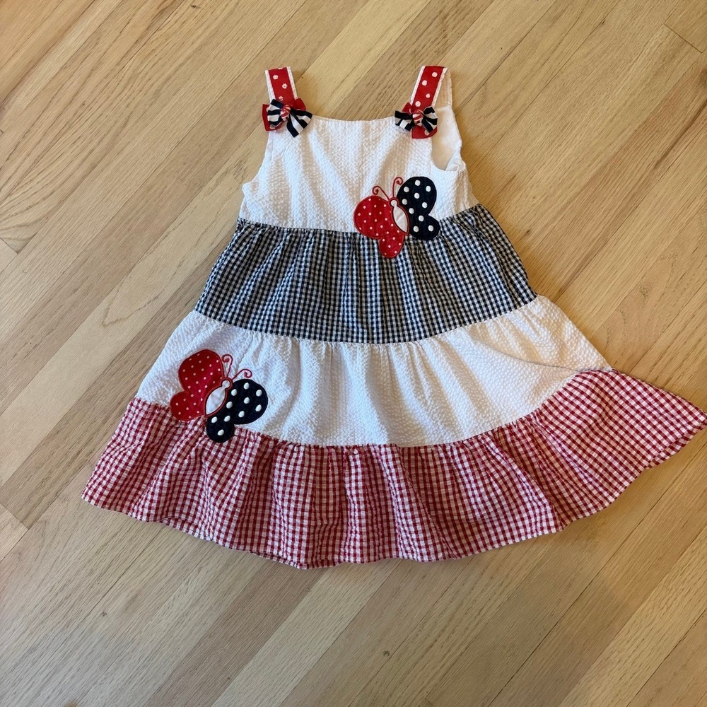 Emily Rose Girls 4T Seersucker Gingham Tiered Butterfly Dress Red White Blue